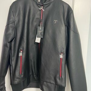 Men's Black Leather Jacket with Red Zipper Accents